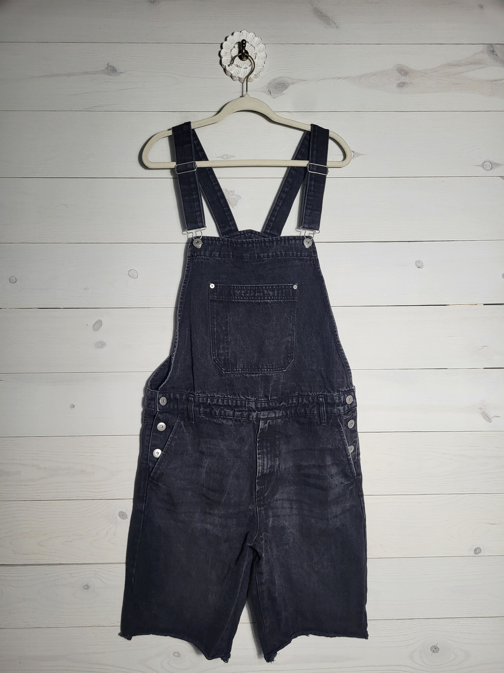 Fashion Nova Men's Black Overall Shorts Cotton Distressed Denim Unisex.